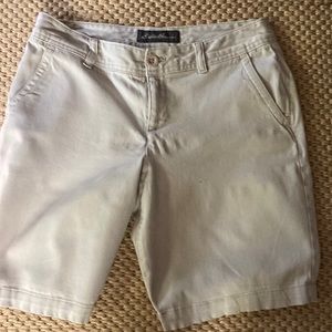 Eddie Bauer light kaki colored Bermuda shorts.